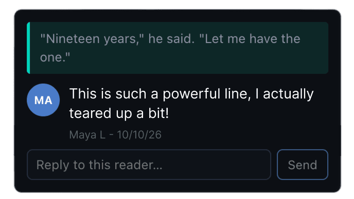 A beta reader's comment on a quoted line: “This is such a powerful line, I actually teared up a bit!” with a box to reply.