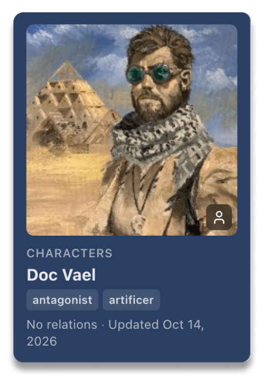 A codex card for the character Doc Vael, tagged as the antagonist and an artificer.