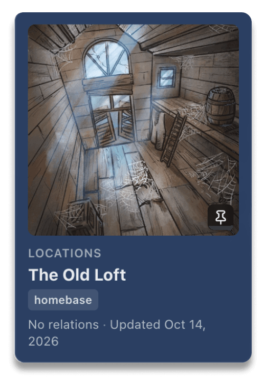 A codex card for the location The Old Loft, tagged as a homebase.
