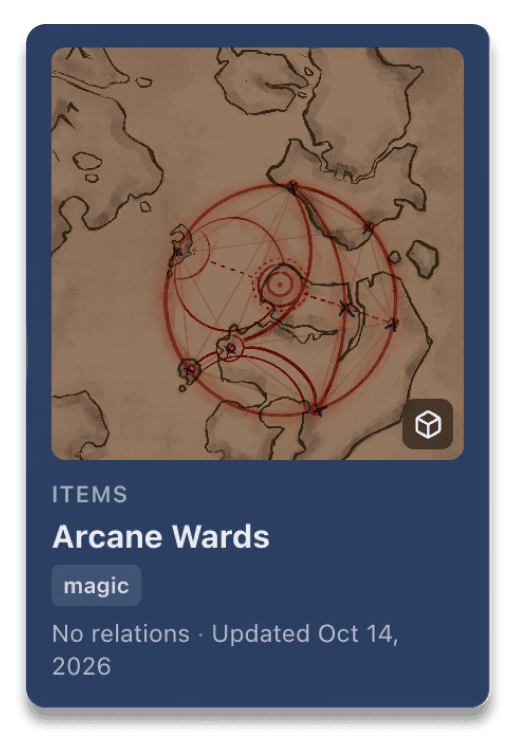 A codex card for the item Arcane Wards, tagged as magic.