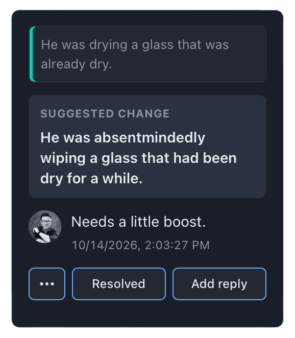 A comment thread on a quoted line with a suggested change, a note reading “Needs a little boost.”, and Resolved and Add reply buttons.