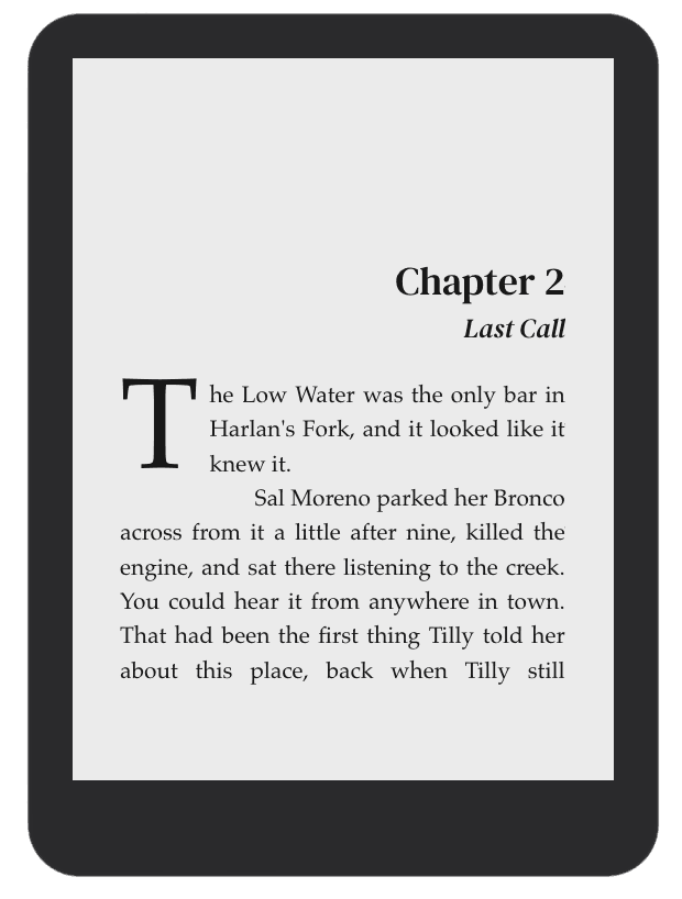 An e-reader showing Chapter 2, “Last Call”, opening with a drop cap and justified text.