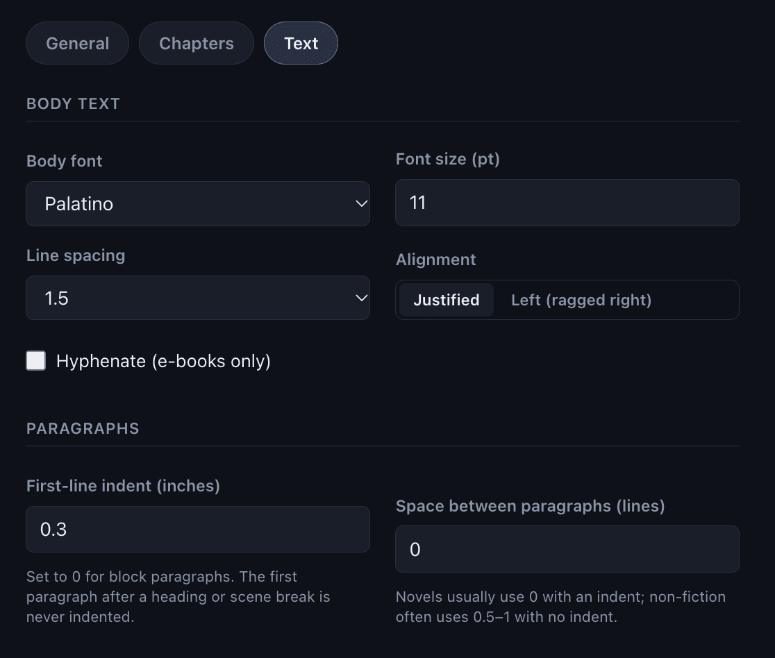The Design Studio text settings: body font Palatino, font size 11, line spacing 1.5, justified alignment, and a 0.3 inch first-line indent.