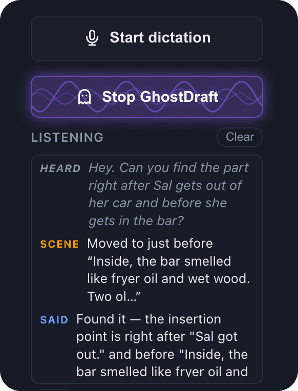 The GhostDraft panel listening to a request to find a scene, then moving to it and describing the insertion point.