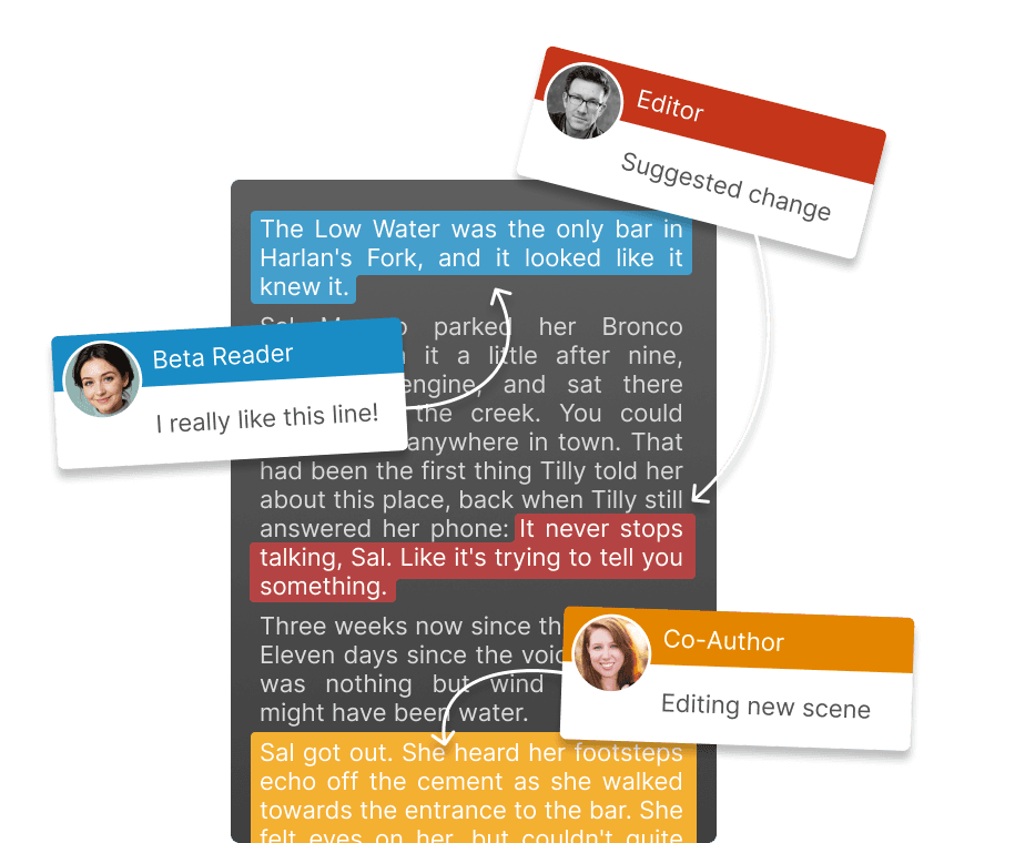 A manuscript page with highlighted passages and comment cards from a beta reader, an editor and a co-author.