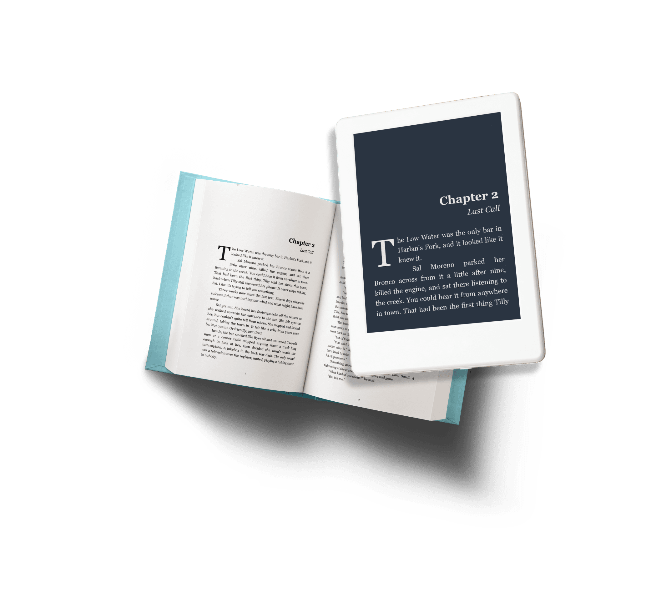 An open printed book beside an e-reader showing the same chapter.