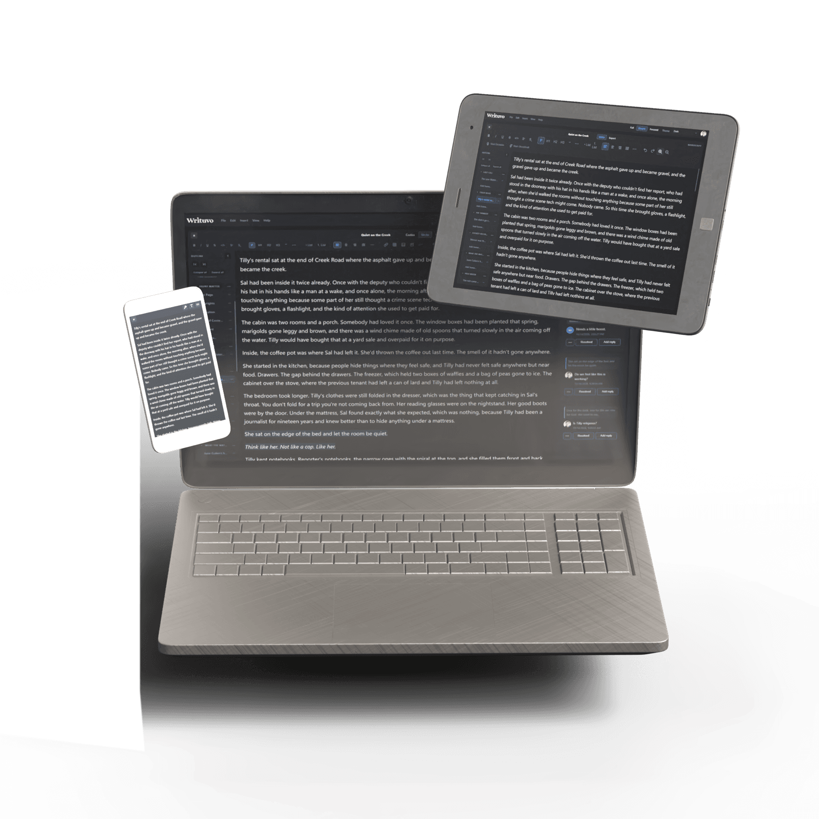 A laptop, tablet and phone all showing the same manuscript open in the Writuvo editor.